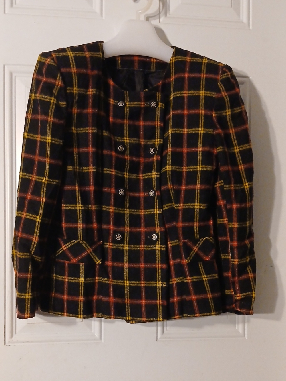 Vintage Women's Double-Breasted Plaid Blaze in Black, Yellow & Orange, Red